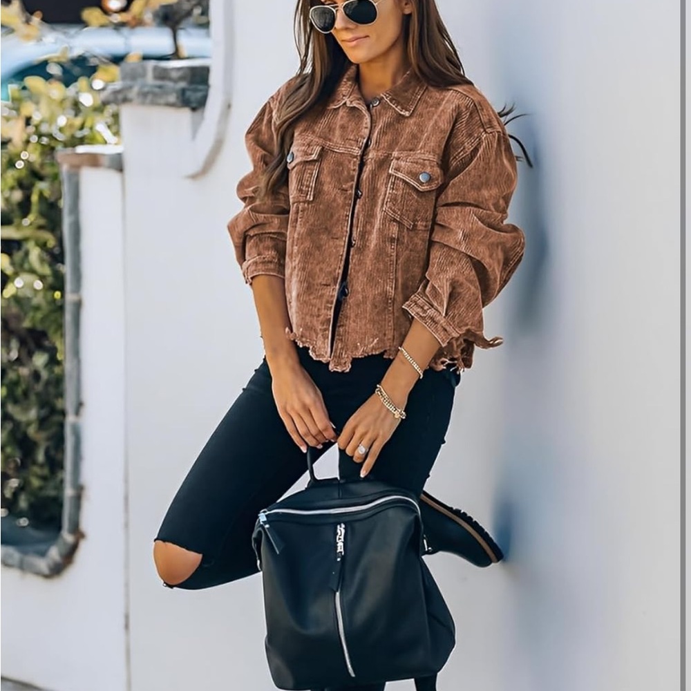 Brown Distressed Denim Jacket corduroy women jacket oversized